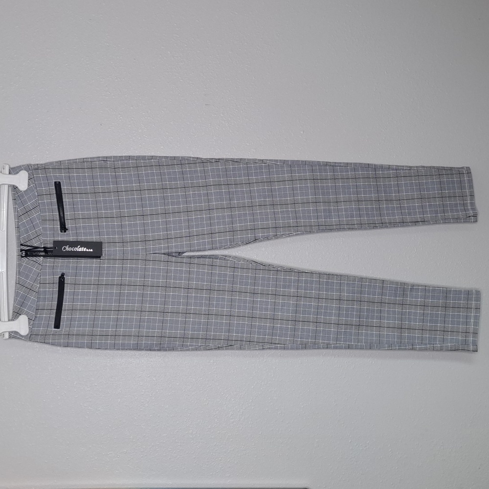 NWT Chocolate Dress Pants Womens Skinny Ankle Leg Stretch Gray Plaid Size Medium